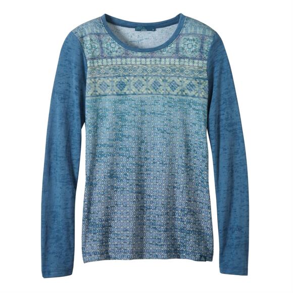 Prana Lottie Burnout Shirt Long Sleeve Sz XL Blue Green Crew Neck Abstract Boho - Picture 1 of 13